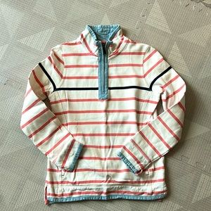 Women’s Fatface Airlie Pullover, White with Pink Stripes and Denim Accents, US 4